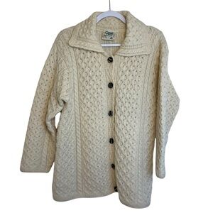 VTG Carraig Donn Chunky Cardigan 100% Wool Made in Ireland Cream Sz M
